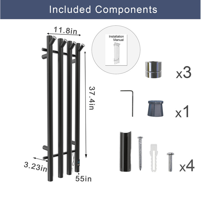 Porte-serviettes chauffant avec minuterie, chauffe-serviettes électrique pour la salle de bain, 4 rails verticaux, câblés ou à brancher