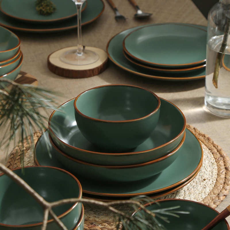 Green Ceramic 32-Piece Dinnerware Set with Gold Detailing