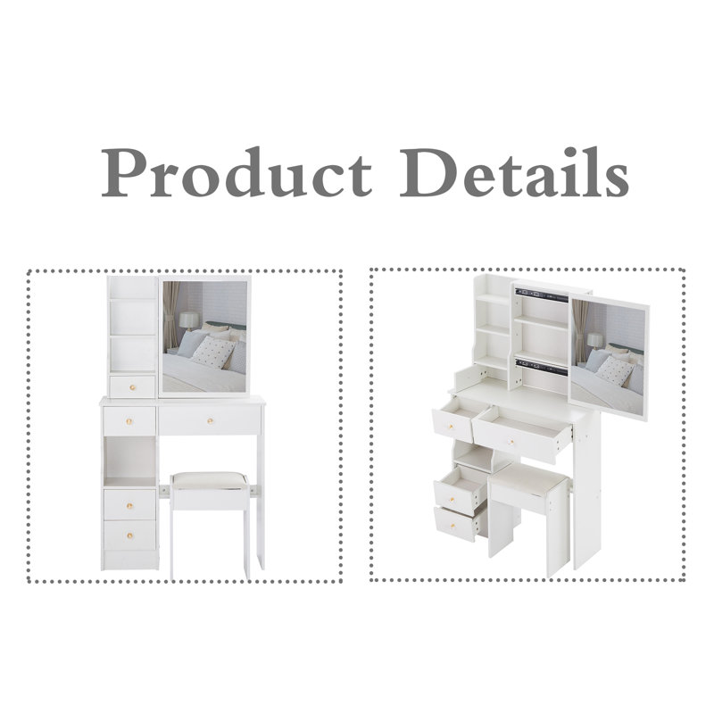 Table de coiffeuse avec 1 tabouret, Blanc