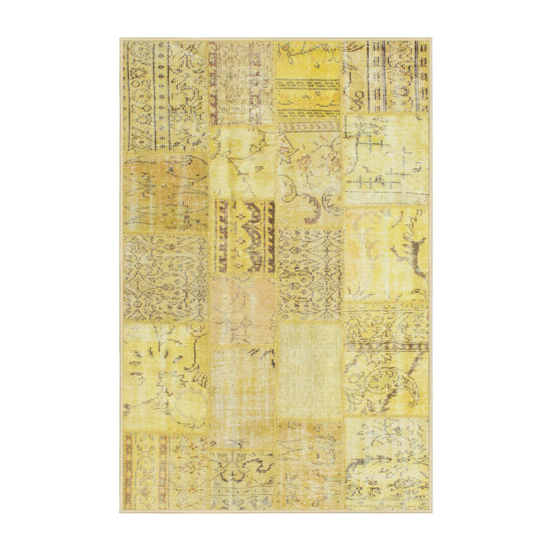 Jaune traditionnel/Tapis décoratif noir, Rectangle 8 pi x 12 pi