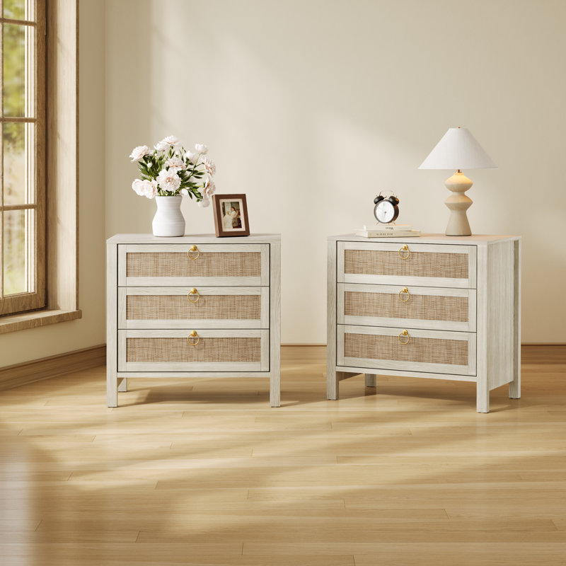 Pomodoro Boho-Inspired Rattan Nightstand With 3-Drawer, White
