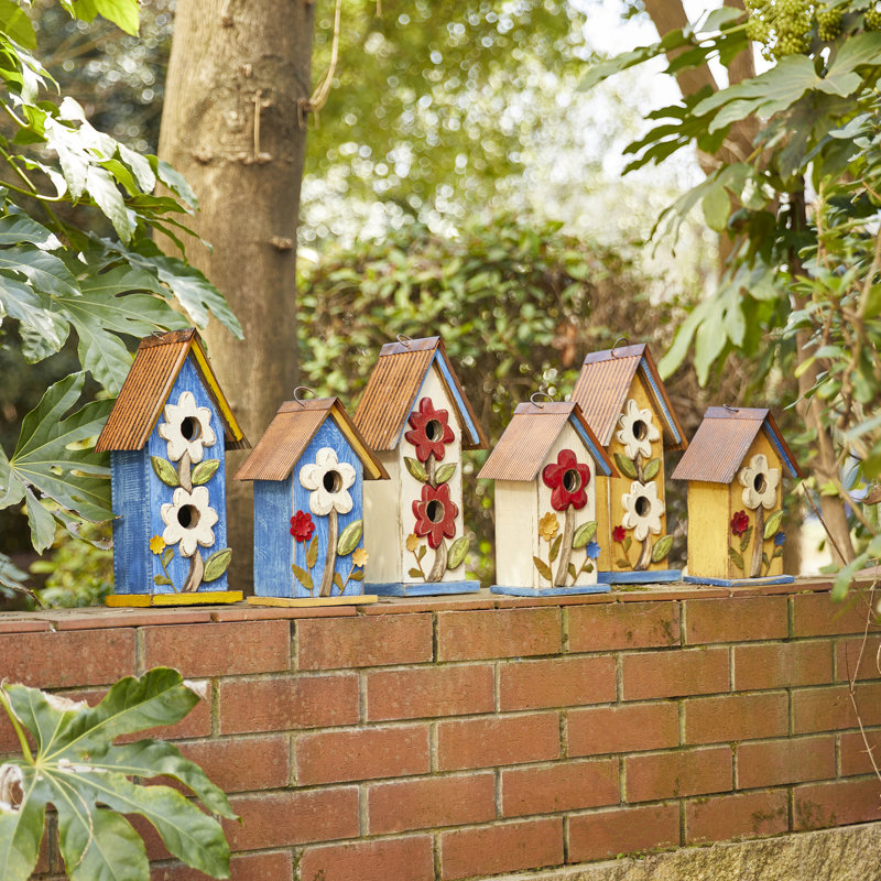 Yellow Distressed Solid Wood Birdhouse with 3D Flowers