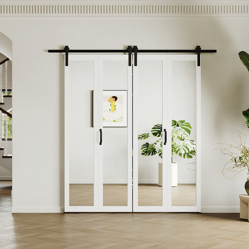 Porte de grange pliante à miroir à surface coulissante avec quincaillerie, 72 po x 84 po, 2
