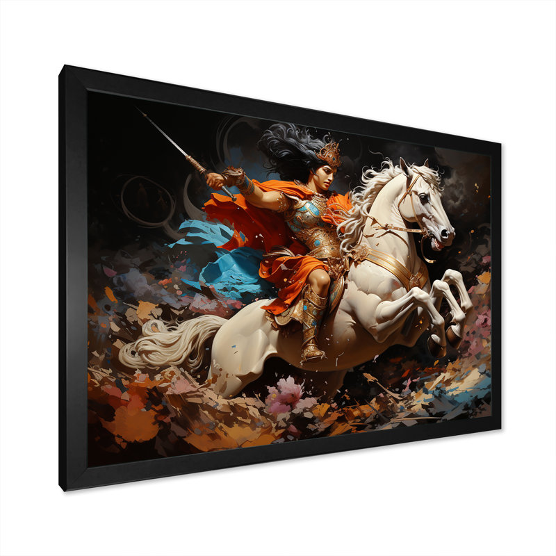Hindou Arjunas champ de bataille indien Expression I - Art mural indien, Cadre simple noir, H 24 po x l 32 po x P 1 po
