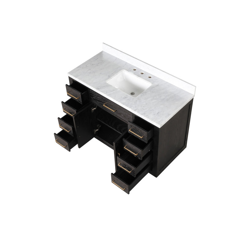 Meuble-lavabo simple en chêne noir l 48 po x P 22 po avec plateau en marbre de Carrare