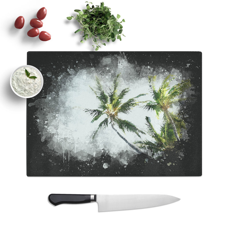Tempered Glass Tropical Palm Trees Paint Splash Chopping Board, 28.5 cm x 39 cm