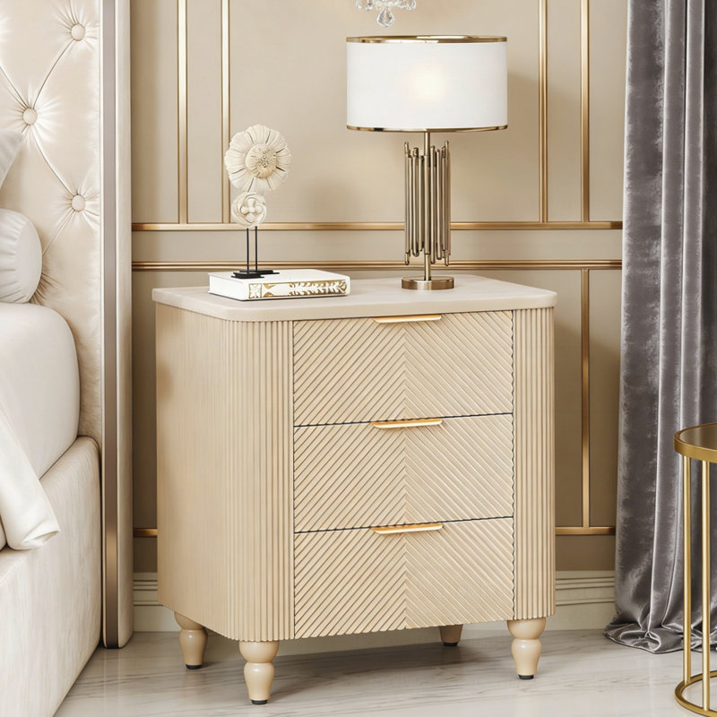 Table de chevet 3 tiroirs Mid-Century, Champagne