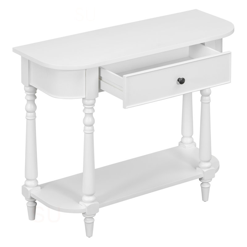 Narrow Console Table With Curved Corner, Retro Entryway Table With Top Drawer And Open Shelf, Sofa Table Console Tables For Entryway, Hallway And Living Room