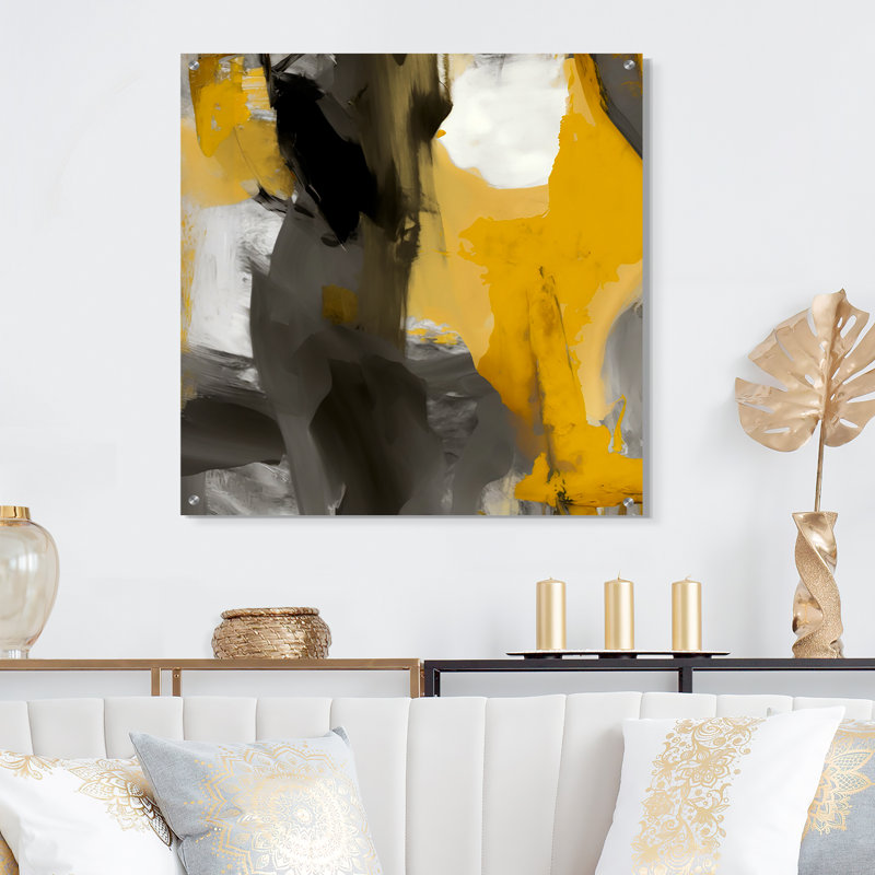 Moutarde jaune et gris vif II - art mural abstrait en acrylique moderne, H 16 po x l 16 po