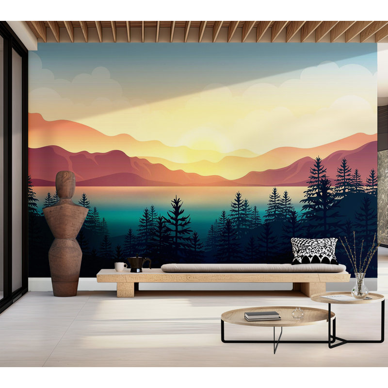 Premium Peel & Stick Wall Mural - Sunset Mountain Landscape, 120" W x 96" L