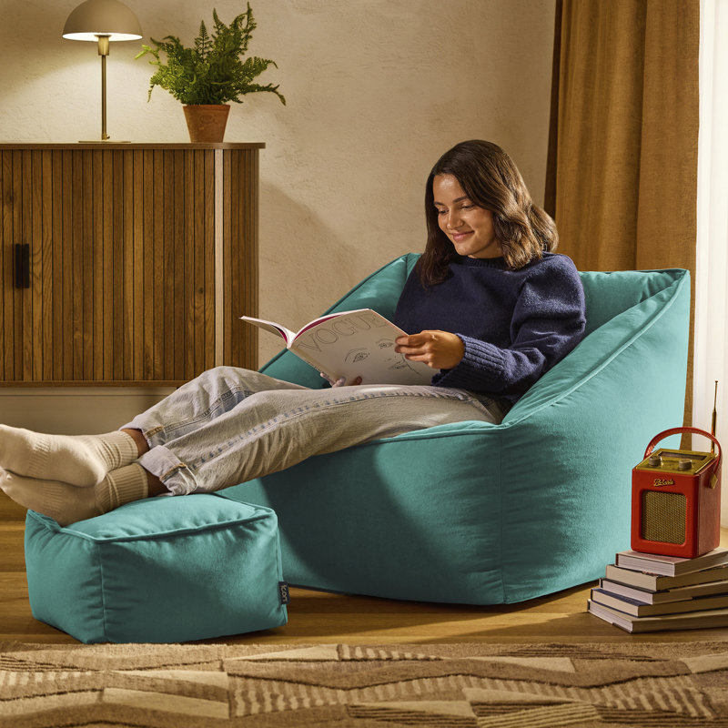 icon Natalia Velvet Adults Bean Bag Armchair and Pouffe, Ready Filled Large Beanbag and Footstool Forest Green, Teal Green