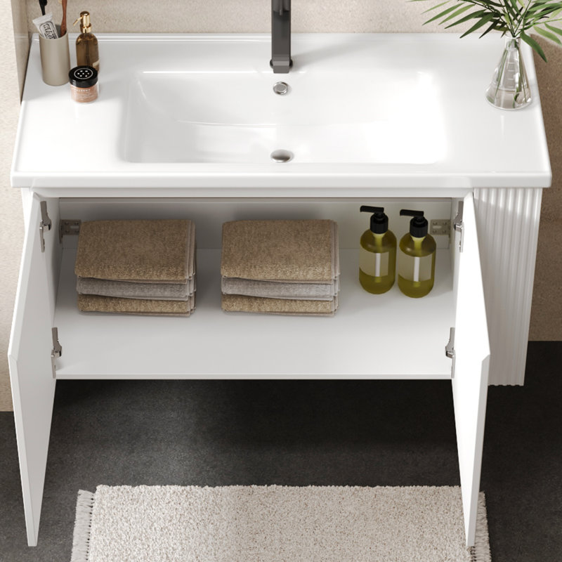 Meuble-lavabo mural polyvalent 36 po avec lavabo en céramique 36 po, portes flottantes à poignée libre et 2 tablettes latérales ouvertes, grand espace de rangement