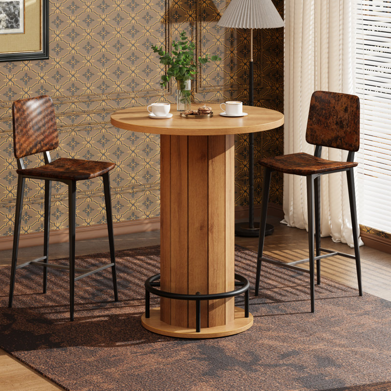 Table bistro ronde à hauteur de comptoir équipée d'un repose-pieds circulaire, table de cocktail multi-scène pour espaces de vie et de salle à manger compacts, bois naturel (table seulement)