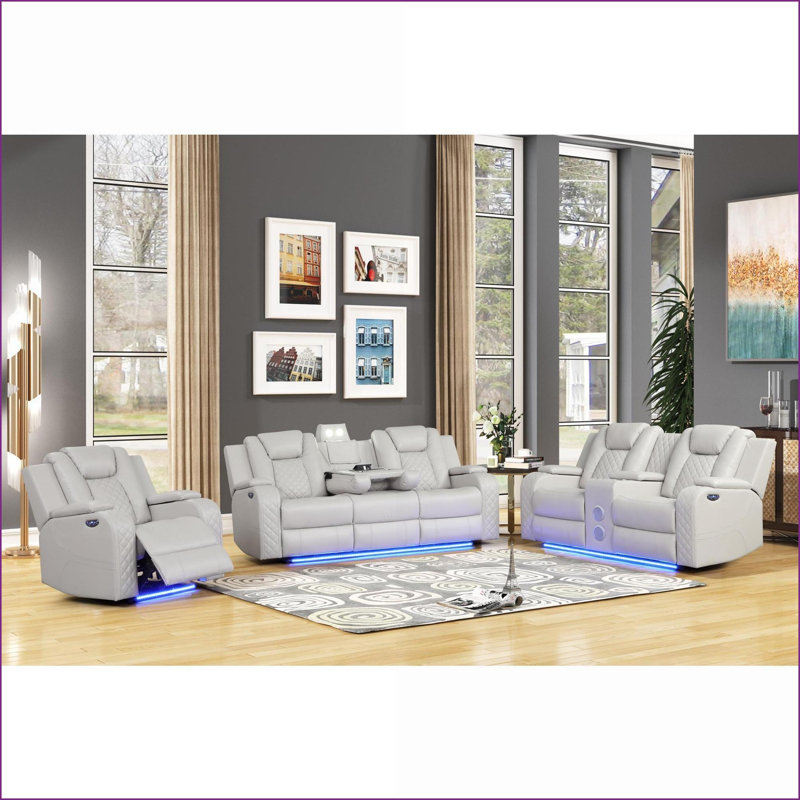 Ensemble de fauteuils inclinables électriques 3 pièces | Similicuir moderne avec lumières DEL, appuis-tête réglables et amp; Ports USB | Couleur de glace | Similicuir | Glace