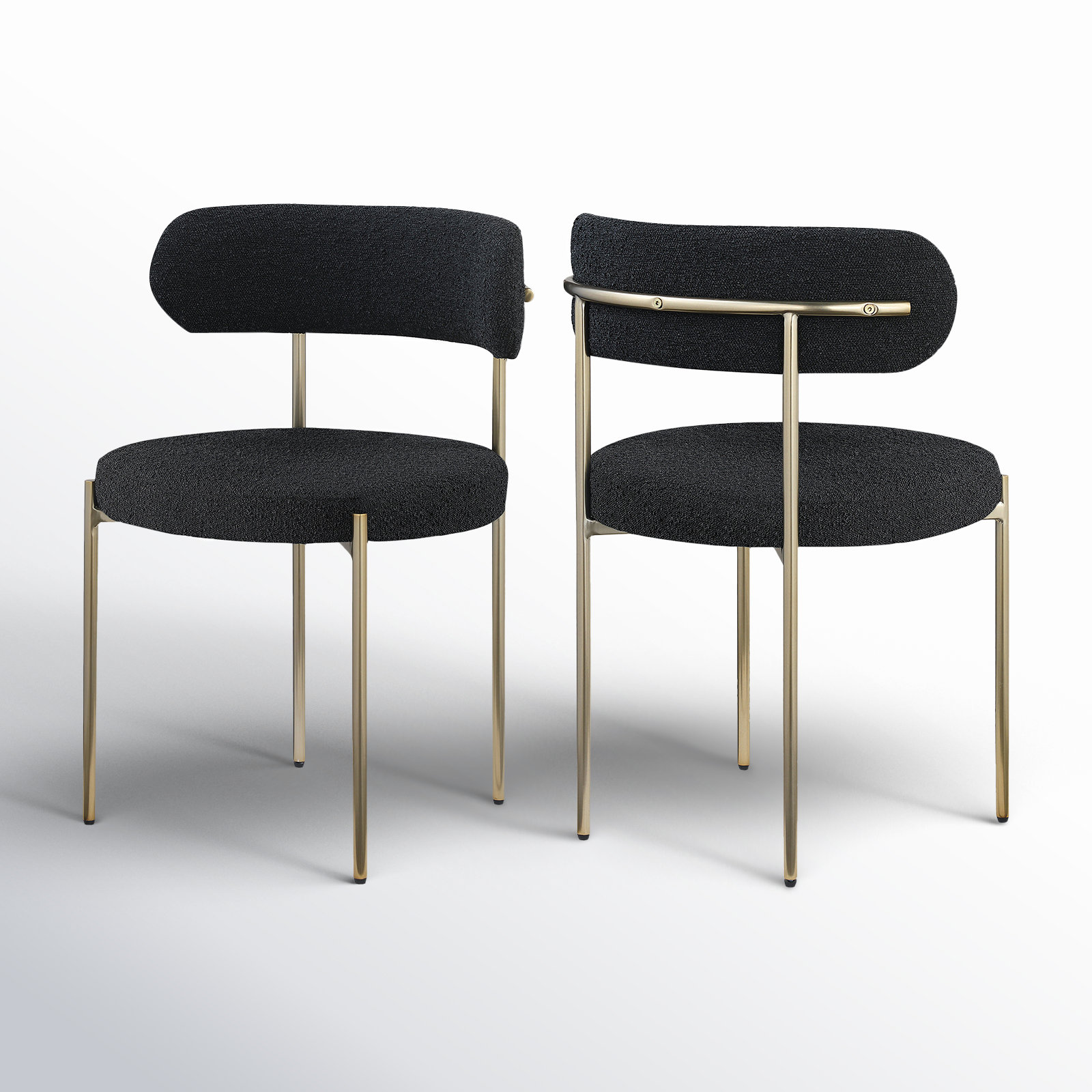 Sherwood Solid Back Boucle Side Chair, Black Boucle, Brushed Brass