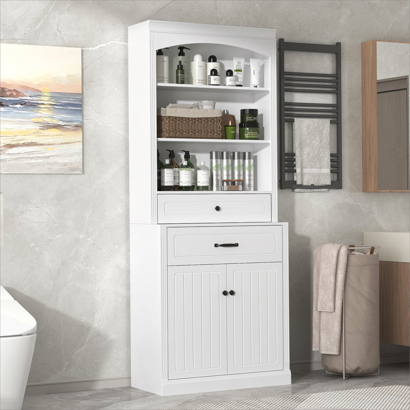 Armoire de rangement blanche pour salle de bain avec deux portes, tiroirs, tablette réglable et trois tablettes ouvertes - Fabrication en panneau de fibres à densité moyenne durable