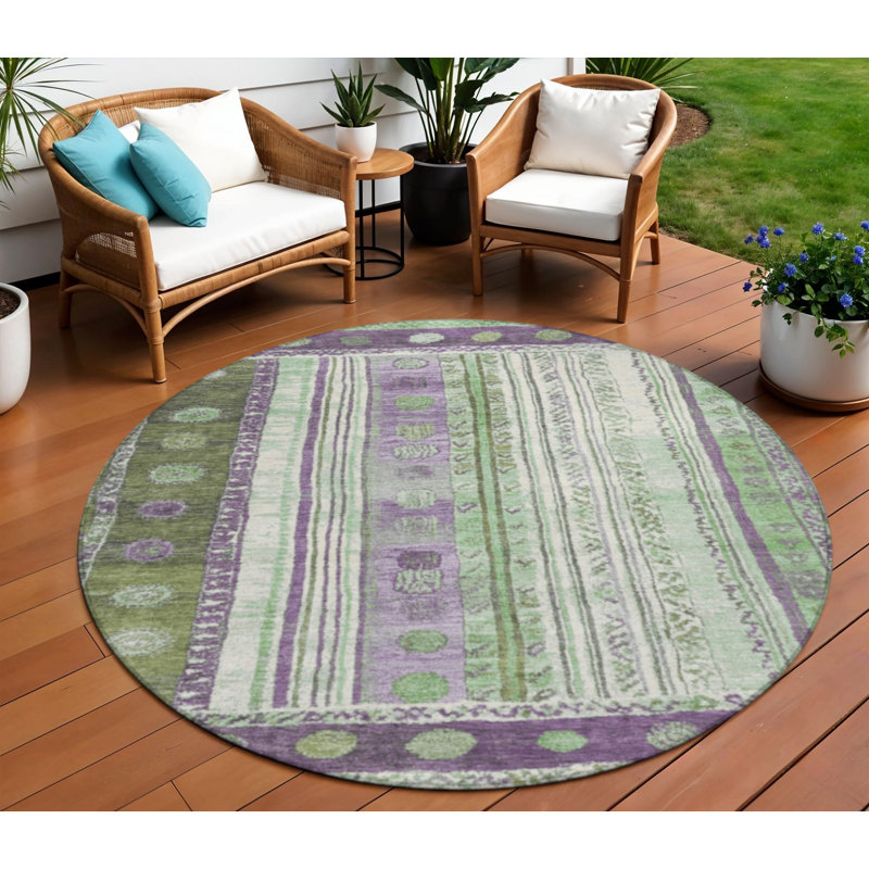 Tapis intérieur lavable rayé rond 8 pi mauve et vert