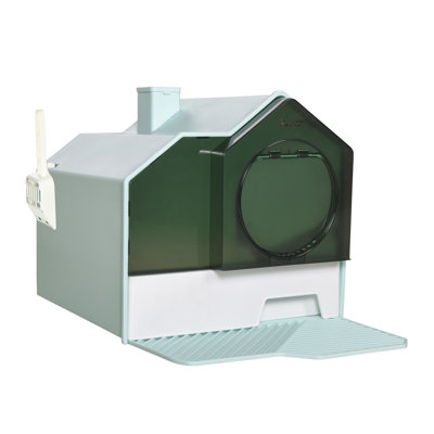 Hooded Cat Litter Box with Kitty Litter Mat, Kitty Litter Pan with Odor Control, Easy-Clean Pull-Out Drawer, Handle, Scoop, Light Blue