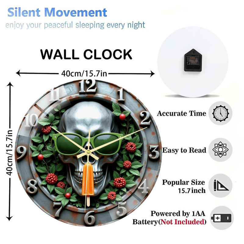 Crâne avec lunettes de soleil et horloge murale en verre 16 po