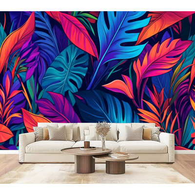 Peel and Stick Wallpaper Vibrant Tropical Leaves Bold Neon Colours Wall Murals 69"H x 96"W Removable PVC Wall Paper Self-Adhesive Wall Decor for Bedroom Living Room Home Office