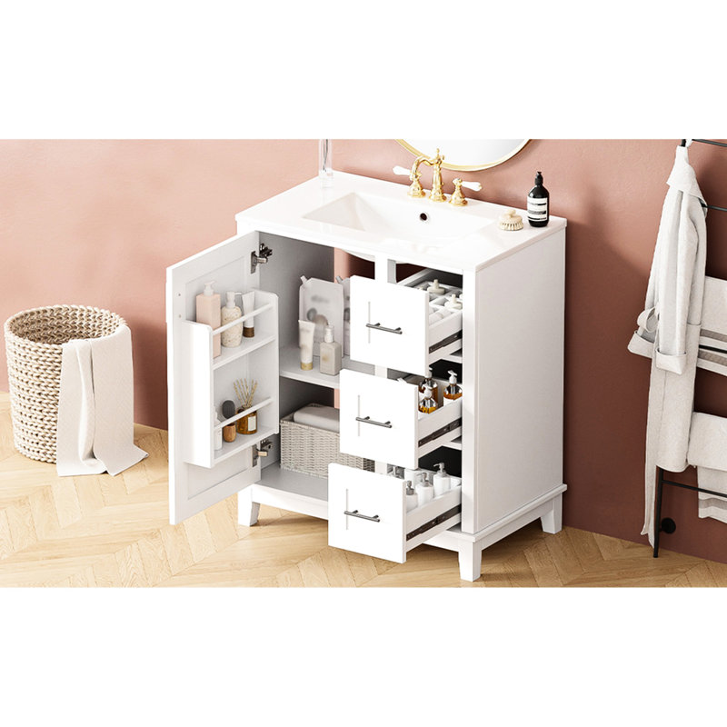 Meuble-lavabo moderne de 30 po avec lavabo en céramique, structure en bois massif, charnières à fermeture en douceur et tablette de rangement flexible en forme de U