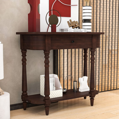 Farmhouse Narrow Wood Console Table with Drawer, Open Shelf and Curved Corner Design