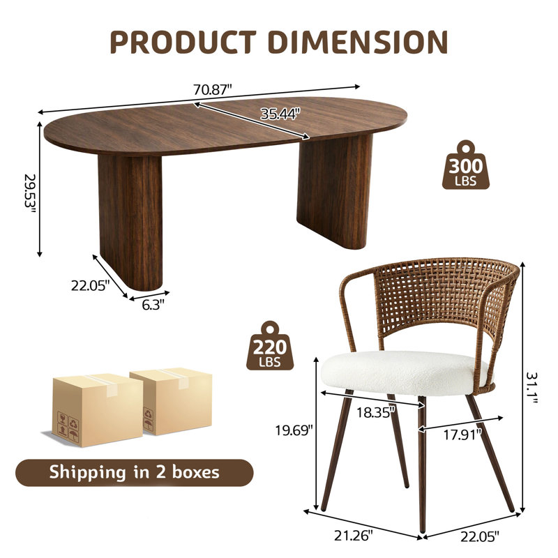 Ensemble de salle à manger moderne 3 pièces comprenant une table ovale sur pied central et 2 chaises rembourrées en rotin
