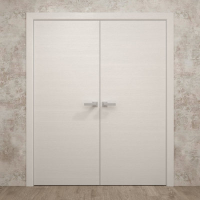 Interior Solid French Double Doors 72 x 84 inches Ego 5000 Painted White Oak Wood Interior Solid Panel Frame Closet Bedroom Modern Doors