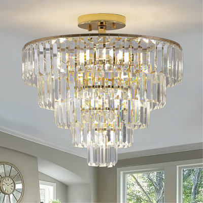 Lustre rond semi-encastré en cristal doré à 5 niveaux, plafonnier de luxe
