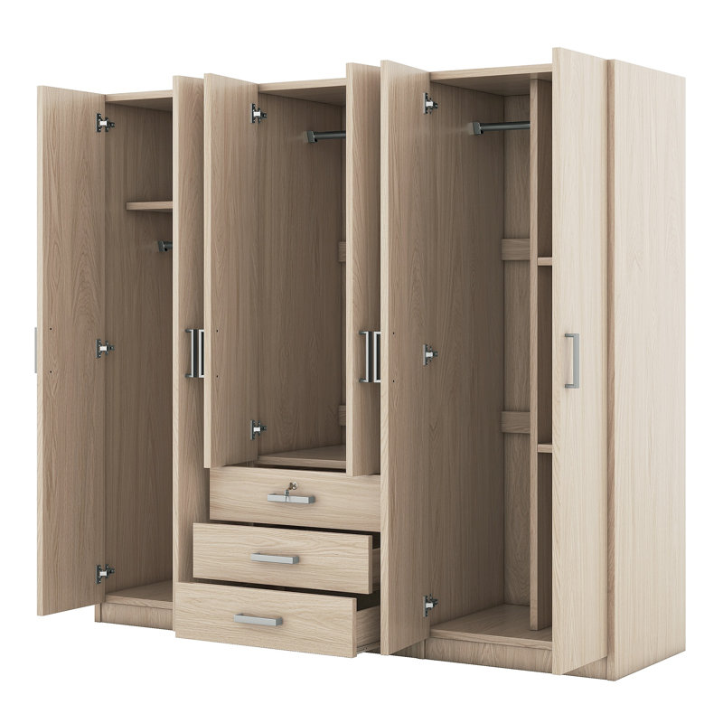 Rangement pour garde-robe en bois à 6 portes avec 6 grands tiroirs, Brun