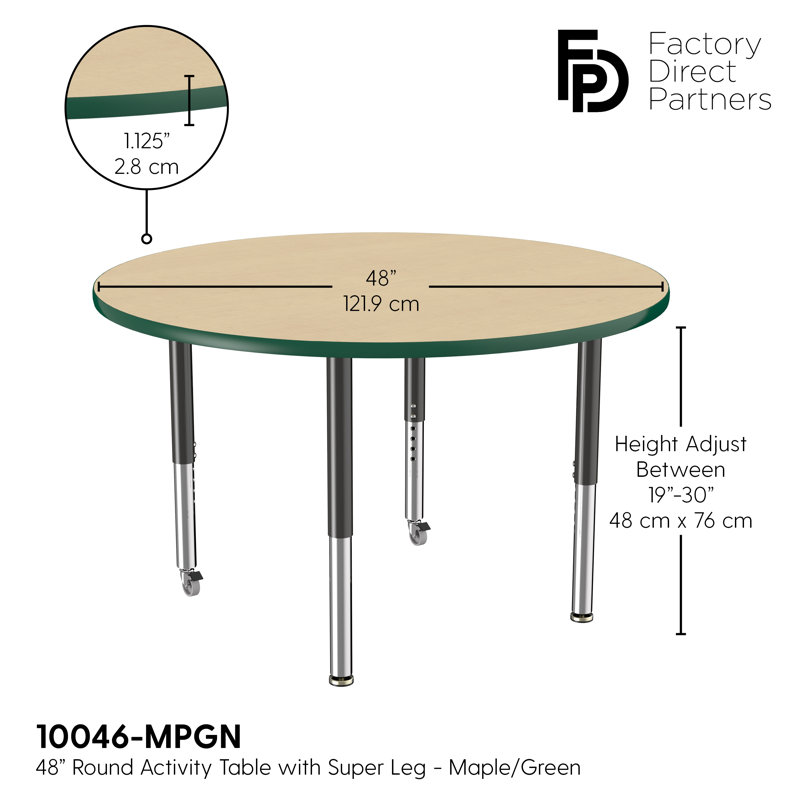 Table ronde à hauteur réglable, 48", Érable / vert / noir, Super
