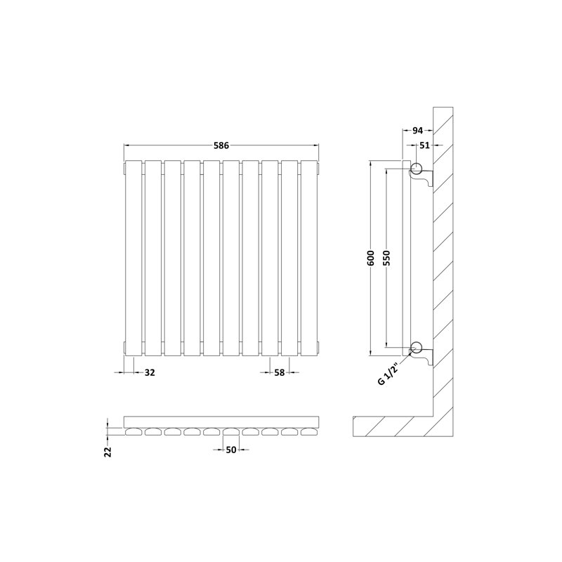 Sloane Vertical Designer Radiator, White, 60cm H x 58.6cm W x 5.3cm D