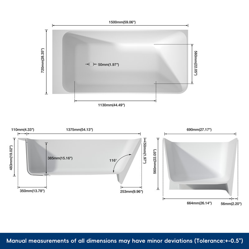 Forma 59'' Corner Freestanding Bathtub Solid Surface Soaking Tub