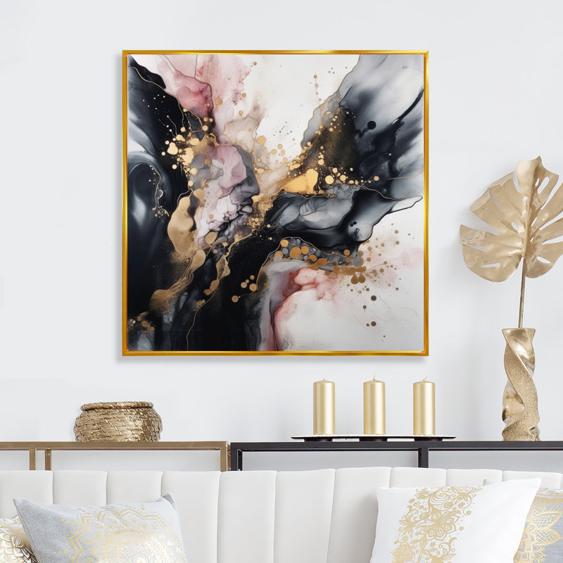 Rose, noir, texturé, éclaboussure de marbre III - art mural abstrait en marbre, salon, H 30 po x l 30 po x P 1 po