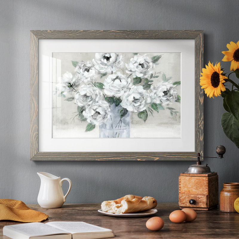 Roses blanches tendres - impression d'un seul cadre, H 14 po x l 20 po x P 1,5 po, Gris
