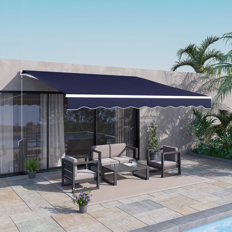 12' X 10' Electric Retractable Awning Sunshade Shelter With Remote Controller, Crank Handle For Deck Balcony Yard, Blue