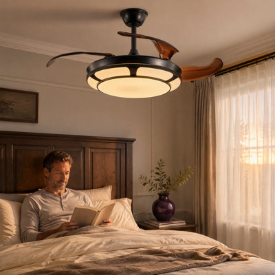 Ventilateur de plafond rétractable moderne noir de 42 pouces avec lumière et télécommande à intensité variable