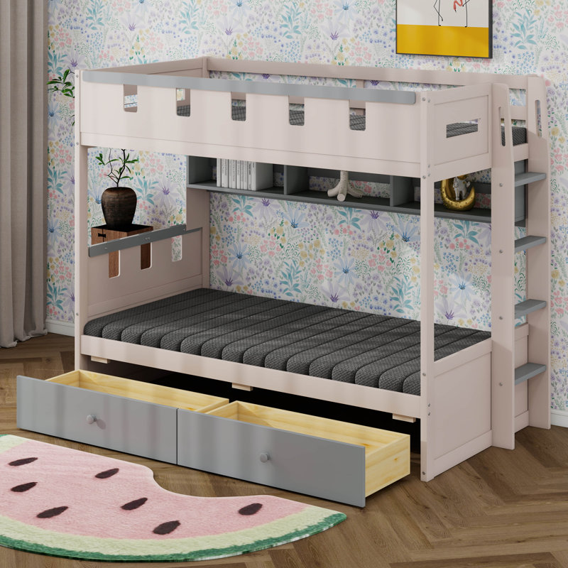 Bunk Bed With LED Lights, Wood Castle Style Bunk Bed With Storage Drawers And Shelf, Gray, Twin