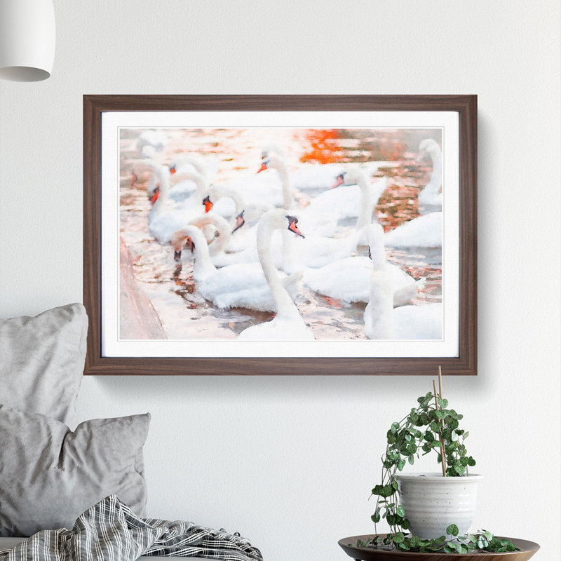 White Swans - Picture Frame Painting, 27cm H x 36cm W x 2cm D, Walnut Framed