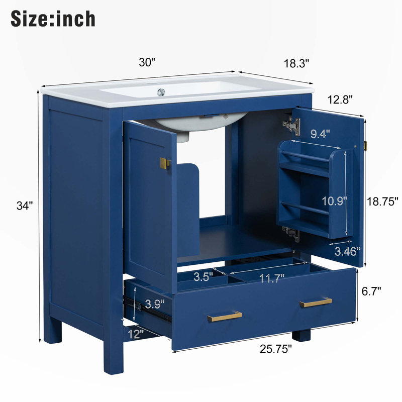 Texana 30.00'' Single Bathroom Vanity with Ceramic Top, Blue