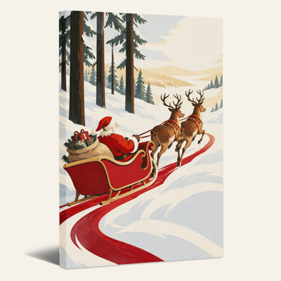 «Santa Sleigh Reindeer in Retro Winter Forest Christmas», art mural sur toile