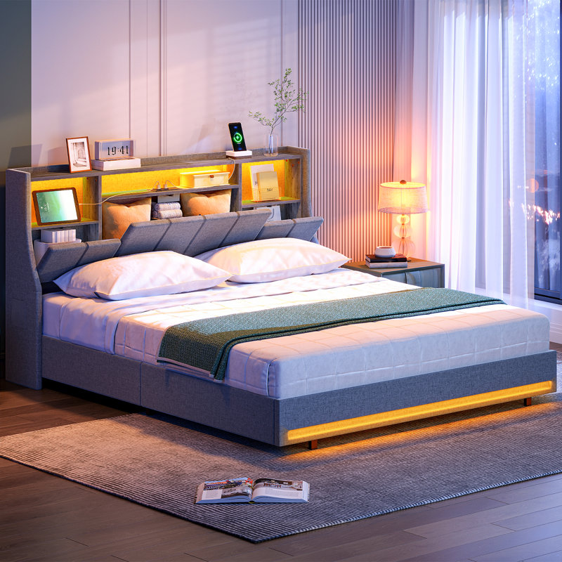 Structure de lit tapissier, lit plateforme avec station de charge et lumières DEL Vasiliki H 45,3 po, Grand
