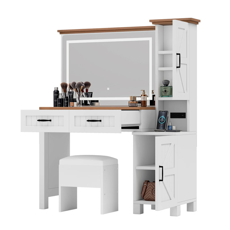 Table de maquillage avec tabouret de style campagnard avec rangement intégré, grand rangement et miroir lumineux à DEL