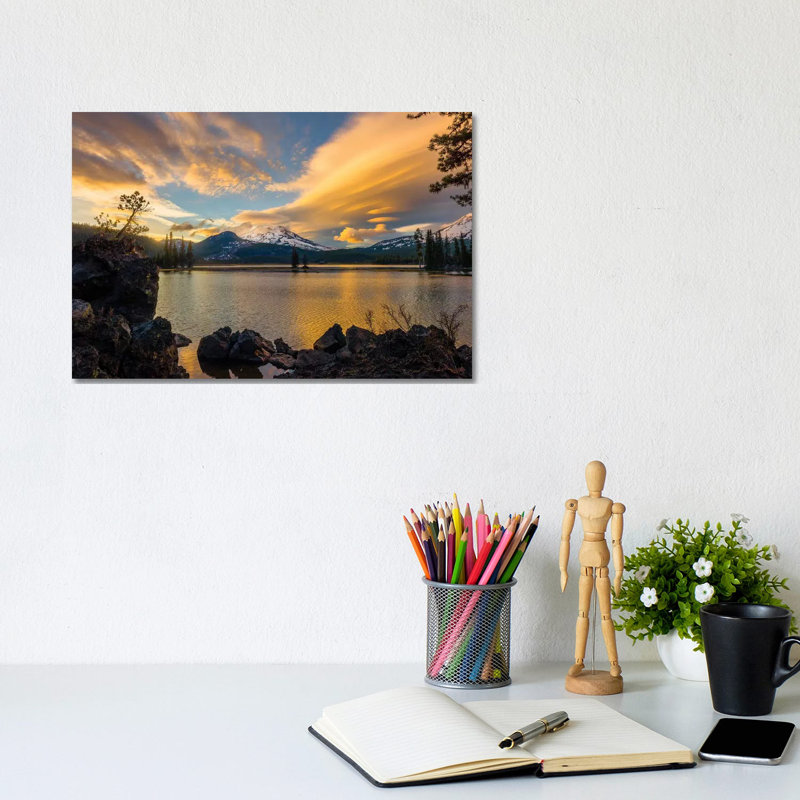 Sunset Colours Reflect Off Diamond Lake From The Lenticular Clouds by Sheila Haddad - Wrapped Canvas Print