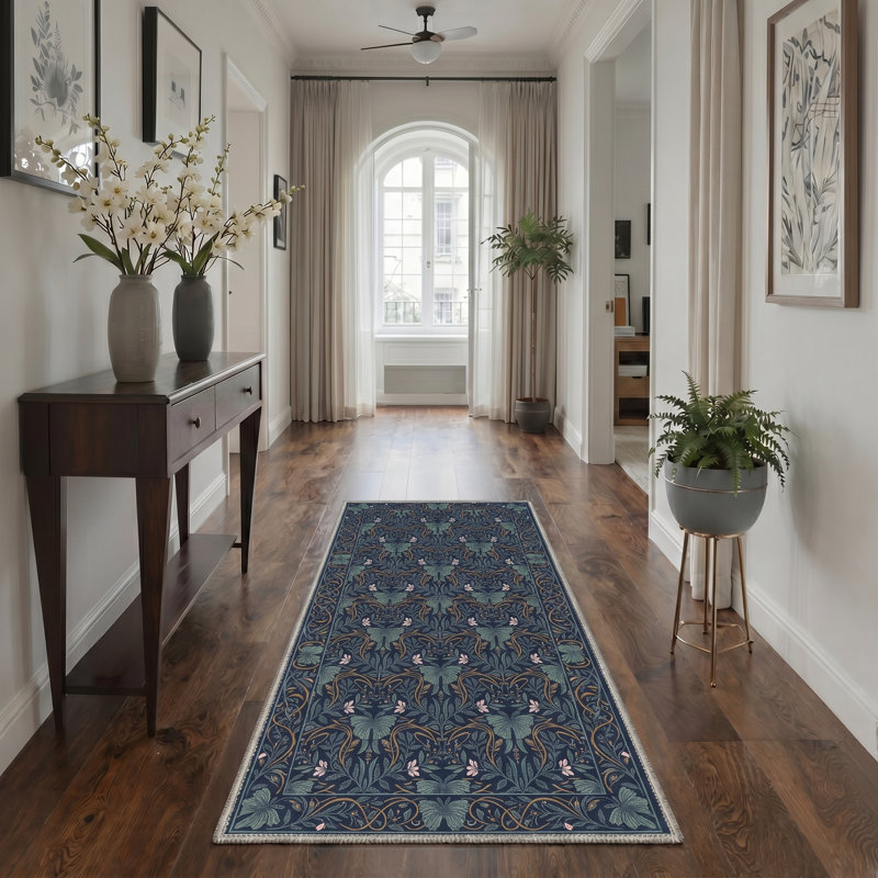 Allendale Vinewood Floral Machine Washable Blue Indoor Area Rug with Non-Slip Backing, Runner 2'6" x 8'