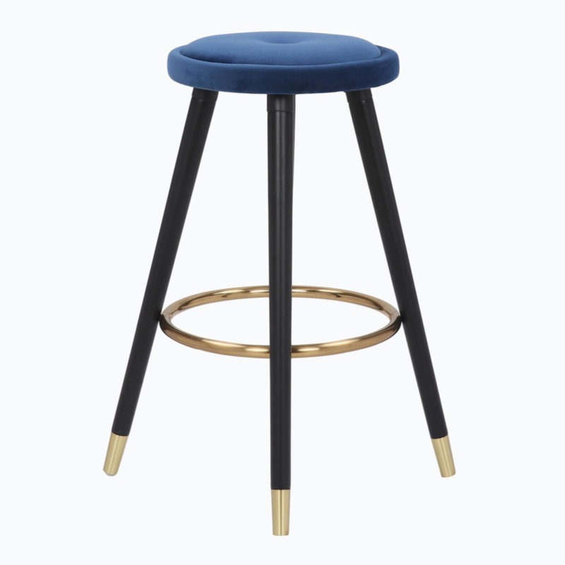 Tabouret de comptoir Cavalier Glam en bois noir et velours bleu avec accent doré par Lumisource - ensemble de 2, Bleu
