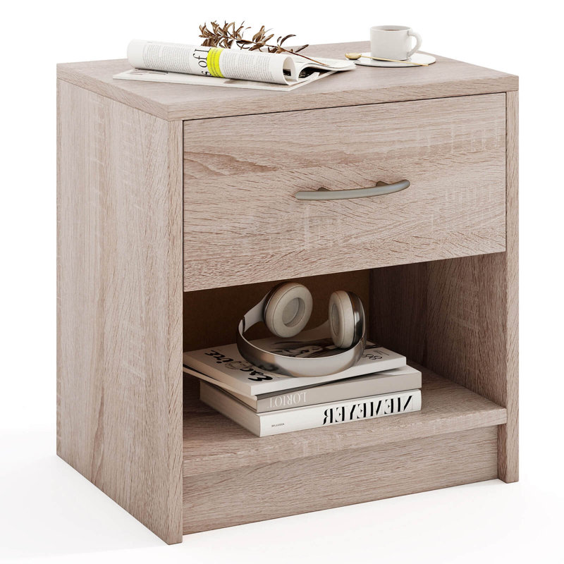  Modern Nightstand Bedside Table With Drawer Open Storage Shelf For Small Spaces , Natural