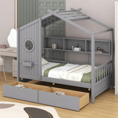 Sieger Wooden House Bed with 2 Drawers with Storage Shelf