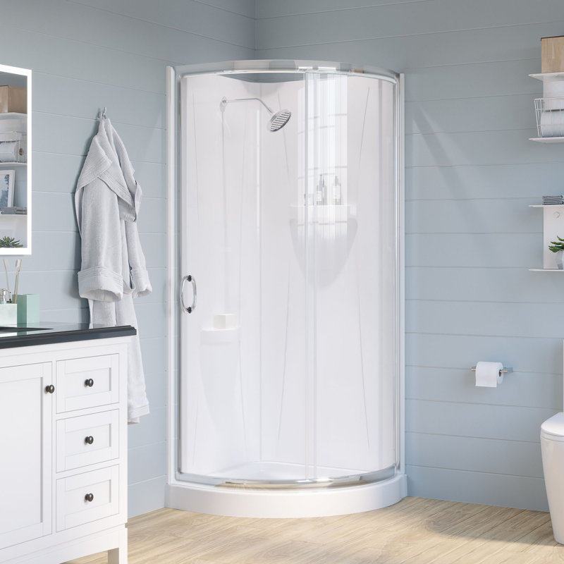 Ensemble de douche d'angle arrondi Breeze 89 cm L x 89 cm l x 196 cm H, fini nickel satiné, porte coulissante transparente, parois et receveur