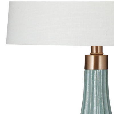 Modern Coastal Aqua Glass Table Lamp Set of 2 with White Linen Shades, 30" Tall